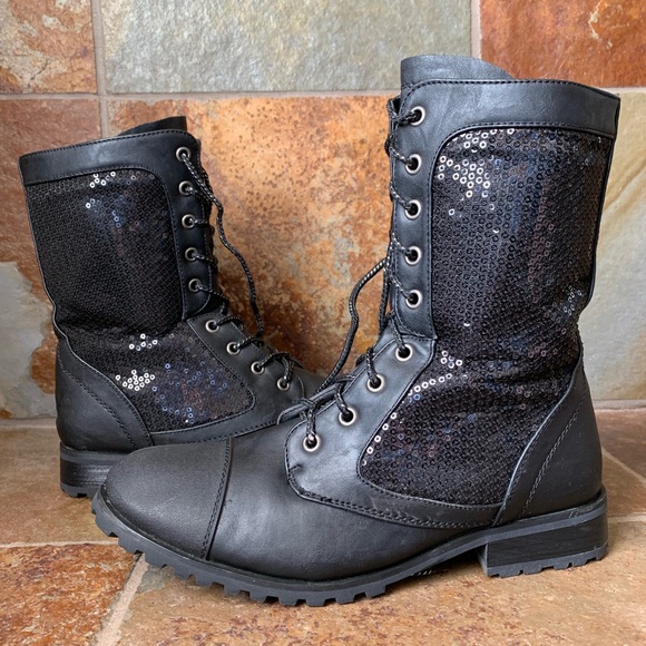 Gia-Mia Shoes - Gia-Mia Black Sequin Combat Moto Boot - Size 8